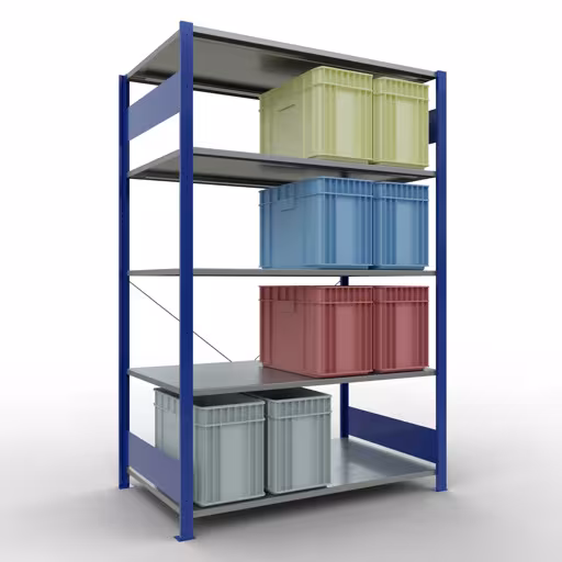 Produktbild Nr.14 des Artikels Grundregal, Fachbodenregal Stecksystem MULTIplus150, 2000 x 1300 x 800 mm (HxBxT), 5 Fachböden, Kreuzstrebe, RAL 5010 enzianblau/verzinkt aus der Produktreihe Stecksystem von der Marke Schulte Lagertechnik