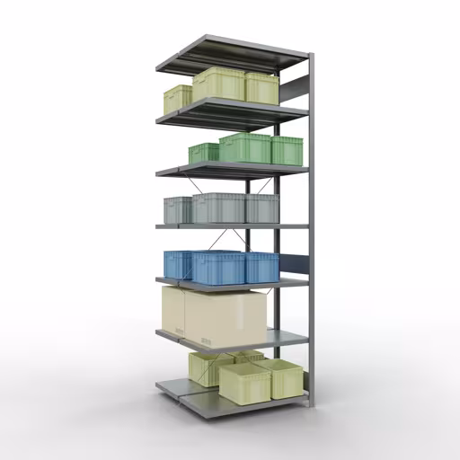 Anbauregal, Doppelregal, Fachbodenregal Stecksystem MULTIplus250, 3000 x 1000 x (2x500) mm (HxBxT), 2x7 Fachböden, Kreuzstrebe, verzinkt von Schulte Lagertechnik mit der Artikelnr. 14257-A