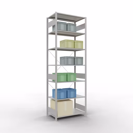 Produktbild Nr 11 des Artikels Grundregal, Fachbodenregal Stecksystem MULTIplus150, 3000 x 1000 x 600 mm (HxBxT), 7 Fachböden, Kreuzstrebe, RAL 7035 lichtgrau Abbildung Nr 11 des Artikels Grundregal, Fachbodenregal Stecksystem MULTIplus150, 3000 x 1000 x 600 mm (HxBxT), 7 Fachböden, Kreuzstrebe, RAL 7035 lichtgrau aus der Produktgruppe Stecksystem von der Marke Schulte Lagertechnik