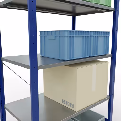 Abbildung Nr 13 des Artikels Grundregal, Fachbodenregal Stecksystem MULTIplus85, 2000 x 1000 x 600 mm (HxBxT), 5 Fachböden, Kreuzstrebe, RAL 5010 enzianblau aus der Produktgruppe Stecksystem von der Marke Schulte Lagertechnik