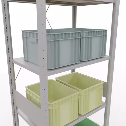 Andere Ansicht des Artikels Grundregal, Fachbodenregal Stecksystem MULTIplus150, 3000 x 750 x 500 mm (HxBxT), 7 Fachböden, Kreuzstrebe, RAL 7035 lichtgrau aus der Kategorie Stecksystem
