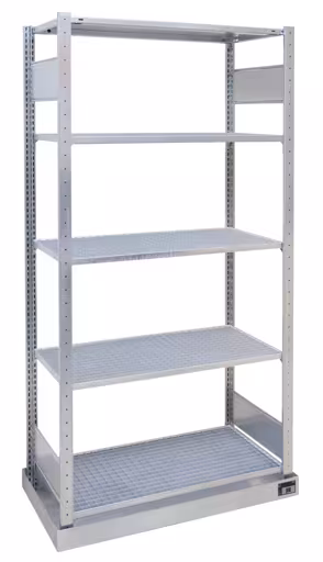 Grundregal, Kleingebinderegal, 2000 x 1000 x 500 mm (HxBxT), verzinkt, mit Auffangwanne (Volumen: 36 Liter) und 4 Gitterrostböden aus der Kategorie Umweltregale mit der Artikelnummer 14946