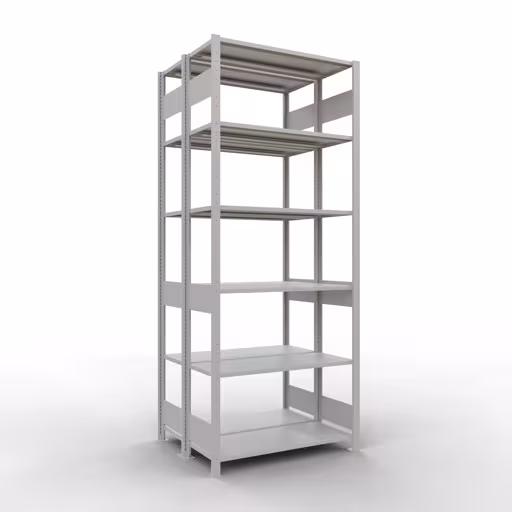 Grundregal, Doppelregal, Fachbodenregal Stecksystem MULTIplus150, 2500 x 1000 x (2x400) mm (HxBxT), 2x6 Fachböden, Längenriegel, RAL 7035 lichtgrau aus der Kategorie Doppelregale mit der Artikelnummer 33141