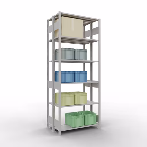 Grundregal, Doppelregal, Fachbodenregal Stecksystem MULTIplus150, 2500 x 1000 x (2x300) mm (HxBxT), 2x6 Fachböden, Längenriegel, RAL 7035 lichtgrau von der Marke Schulte Lagertechnik aus der Produktreihe Fachbodenregale