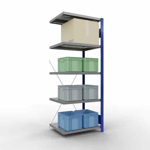 Abbildung Nr 7 des Artikels Anbauregal, Fachbodenregal Stecksystem MULTIplus250, 2000 x 750 x 600 mm (HxBxT), 5 Fachböden, Kreuzstrebe, RAL 5010 enzianblau/verzinkt/verzinkt aus der Produktgruppe Stecksystem von der Marke Schulte Lagertechnik