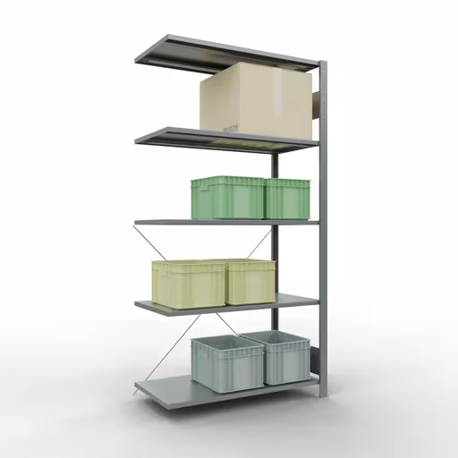 Produktbild Nr.11 des Artikels Anbauregal, Fachbodenregal Stecksystem MULTIplus150, 2000 x 1000 x 500 mm (HxBxT), 5 Fachböden, Kreuzstrebe, verzinkt - Expressline aus der Produktreihe Stecksystem von der Marke Schulte Lagertechnik