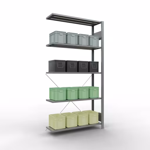 Produktbild Nr 15 des Artikels Anbauregal, Fachbodenregal Stecksystem MULTIplus150, 2000 x 1000 x 300 mm (HxBxT), 5 Fachböden, Kreuzstrebe, verzinkt Abbildung Nr 15 des Artikels Anbauregal, Fachbodenregal Stecksystem MULTIplus150, 2000 x 1000 x 300 mm (HxBxT), 5 Fachböden, Kreuzstrebe, verzinkt aus der Produktgruppe Stecksystem von der Marke Schulte Lagertechnik