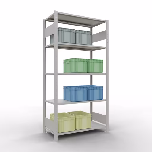Zusatzbild des Artikels Grundregal, Fachbodenregal Stecksystem MULTIplus150, 2000 x 1000 x 500 mm (HxBxT), 5 Fachböden, Längenriegel, RAL 7035 lichtgrau aus Grundregal