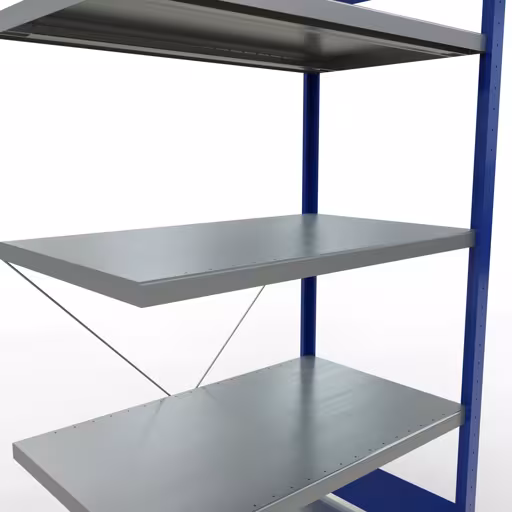 Andere Ansicht des Artikels Anbauregal, Fachbodenregal Stecksystem MULTIplus250, 2000 x 1000 x 600 mm (HxBxT), 5 Fachböden, Kreuzstrebe, RAL 5010 enzianblau/verzinkt aus der Kategorie Stecksystem
