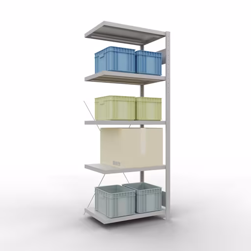 Anbauregal, Fachbodenregal Stecksystem MULTIplus250, 2000 x 750 x 500 mm (HxBxT), 5 Fachböden, Kreuzstrebe, RAL 7035 lichtgrau von Schulte Lagertechnik mit der Artikelnr. 32855-75