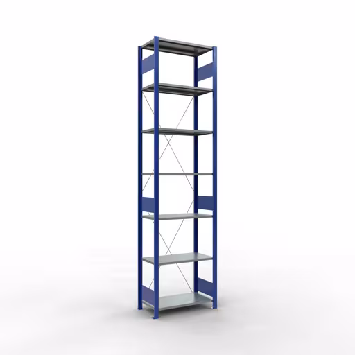 Grundregal, Fachbodenregal Stecksystem MULTIplus150, 3000 x 750 x 400 mm (HxBxT), 7 Fachböden, Kreuzstrebe, RAL 5010 enzianblau/verzinkt/verzinkt aus der Kategorie Grundregal mit der Artikelnummer 12742-75-B