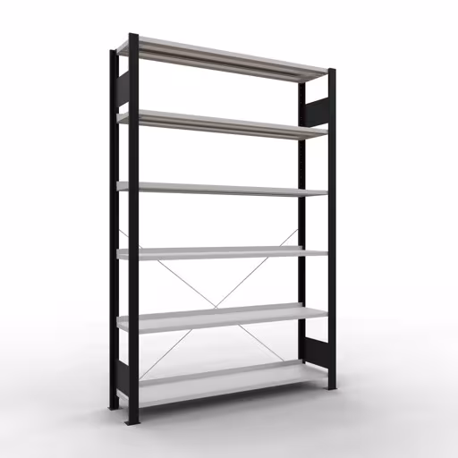 Grundregal, Büro-Fachbodenregal Stecksystem MULTIplus85, 2000 x 1300 x 300 mm (HxBxT), 6 Fachböden, Kreuzstrebe, mit Anschlagleiste, schwarz/lichtgrau von der Marke Schulte Lagertechnik Grundregal, Büro-Fachbodenregal Stecksystem MULTIplus85, 2000 x 1300 x 300 mm (HxBxT), 6 Fachböden, Kreuzstrebe, mit Anschlagleiste, schwarz/lichtgrau aus der Kategorie Stecksystem mit der Artikelnummer 36008-S