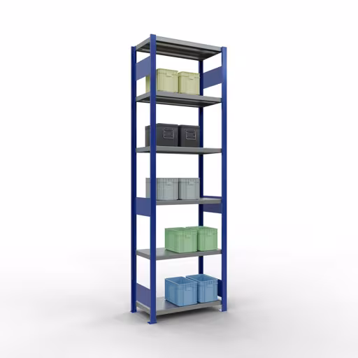 Grundregal, Fachbodenregal Stecksystem MULTIplus250, 2500 x 750 x 400 mm (HxBxT), 6 Fachböden, Längenriegel, RAL 5010 enzianblau/verzinkt/verzinkt von Schulte Lagertechnik mit der Artikelnr. 12941-75-LR-B