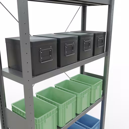 Produktbild Nr.14 des Artikels Grundregal, Fachbodenregal Stecksystem MULTIplus250, 3000 x 1000 x 300 mm (HxBxT), 7 Fachböden, Kreuzstrebe, verzinkt aus der Produktreihe Stecksystem von der Marke Schulte Lagertechnik