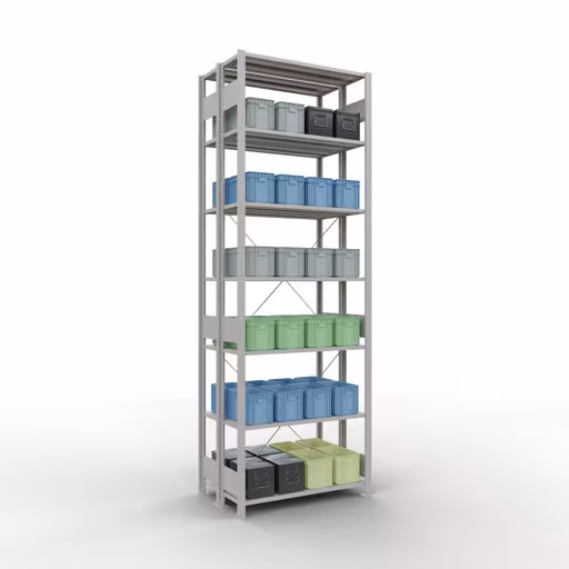 Abbildung Nr 12 des Artikels Grundregal, Doppelregal, Fachbodenregal Stecksystem MULTIplus150, 3000 x 1000 x (2x600) mm (HxBxT), 2x7 Fachböden, Kreuzstrebe, RAL 7035 lichtgrau aus der Produktgruppe Fachbodenregale von der Marke Schulte Lagertechnik