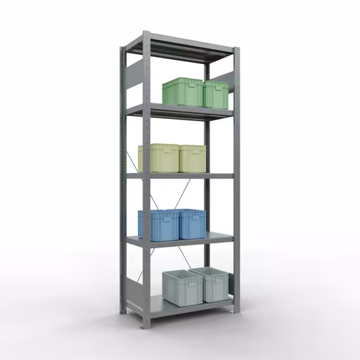 Grundregal, Fachbodenregal Stecksystem MULTIplus250, 2000 x 750 x 400 mm (HxBxT), 5 Fachböden, Kreuzstrebe, verzinkt von Schulte Lagertechnik aus der Kategorie Stecksystem