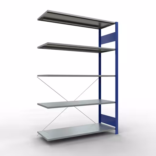 Anbauregal, Fachbodenregal Stecksystem MULTIplus150, 2000 x 1300 x 500 mm (HxBxT), 5 Fachböden, Kreuzstrebe, RAL 5010 enzianblau/verzinkt aus der Kategorie Anbauregal mit der Artikelnummer 12755-130-B