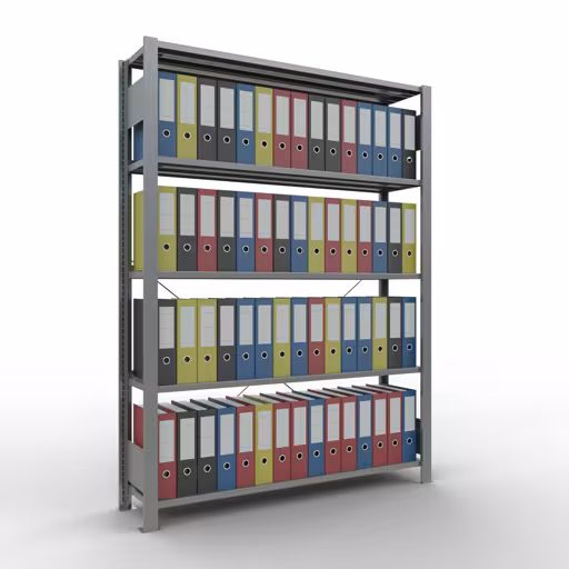 Grundregal, Büro-Fachbodenregal Stecksystem MULTIplus85, 1800 x 1300 x 300 mm (HxBxT), 5 Fachböden, Kreuzstrebe, verzinkt, mit Anschlagleiste von Schulte Lagertechnik mit der Artikelnr. 17702
