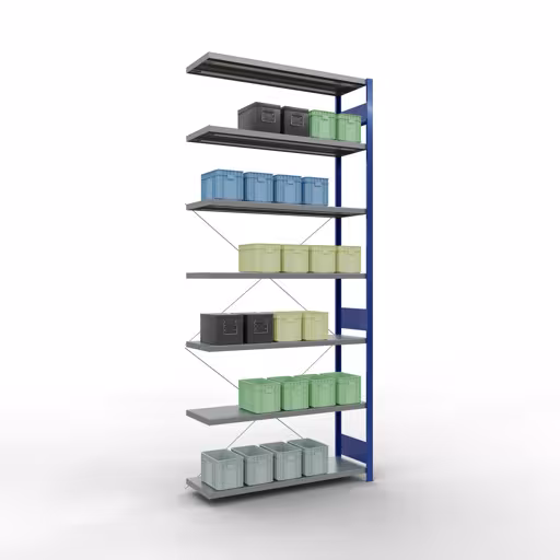Abbildung Nr 13 des Artikels Anbauregal, Fachbodenregal Stecksystem MULTIplus250, 3000 x 1300 x 400 mm (HxBxT), 7 Fachböden, Kreuzstrebe, RAL 5010 enzianblau/verzinkt aus der Produktgruppe Stecksystem von der Marke Schulte Lagertechnik