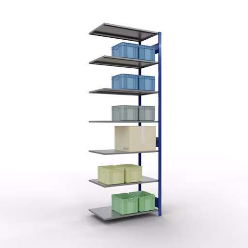 Abbildung Nr 13 des Artikels Anbauregal, Fachbodenregal Stecksystem MULTIplus85, 3000 x 1000 x 600 mm (HxBxT), 7 Fachböden, Längenriegel, RAL 5010 enzianblau aus der Produktgruppe Stecksystem von der Marke Schulte Lagertechnik