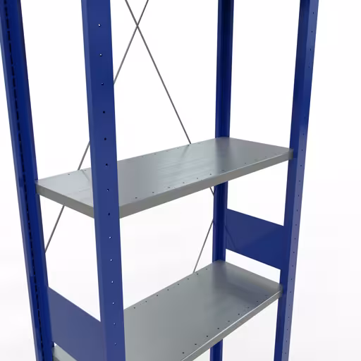 Grundregal, Fachbodenregal Stecksystem MULTIplus150, 3000 x 750 x 300 mm (HxBxT), 7 Fachböden, Kreuzstrebe, RAL 5010 enzianblau/verzinkt/verzinkt mit der GTIN 4004514279606 Grundregal, Fachbodenregal Stecksystem MULTIplus150, 3000 x 750 x 300 mm (HxBxT), 7 Fachböden, Kreuzstrebe, RAL 5010 enzianblau/verzinkt/verzinkt von Schulte Lagertechnik mit der Artikelnr. 12732-75-B