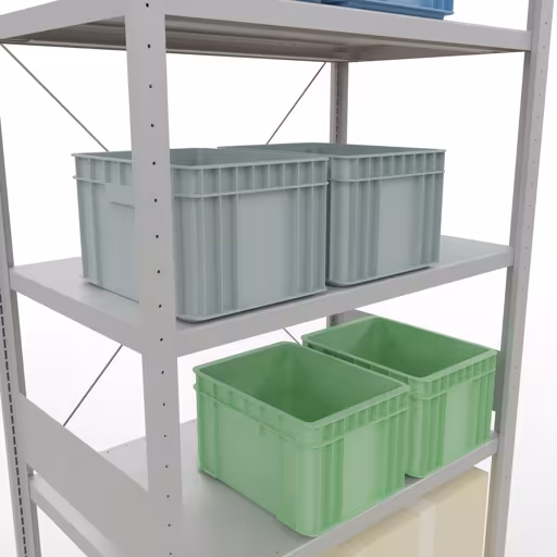 Andere Ansicht des Artikels Grundregal, Fachbodenregal Stecksystem MULTIplus250, 3000 x 1000 x 600 mm (HxBxT), 7 Fachböden, Kreuzstrebe, RAL 7035 lichtgrau aus der Kategorie Stecksystem