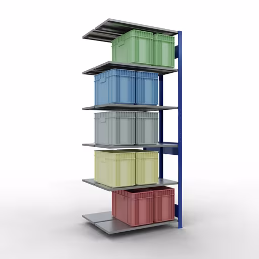 Anbauregal, Doppelregal, Fachbodenregal Stecksystem MULTIplus150, 2500 x 1000 x (2x400) mm (HxBxT), 2x6 Fachböden, Längenriegel, RAL 5010 enzianblau von Schulte Lagertechnik mit der Artikelnr. 33146-B