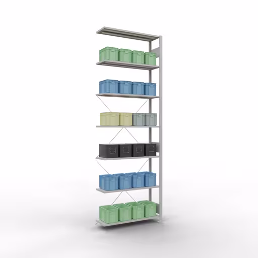 Anbauregal, Eckregal (Feld C) 3000 x 1000 x 300, 7 Fachböden, Kreuzstrebe, RAL 7035 lichtgrau mit der Artikelnr. 32637-ECK Anbauregal, Eckregal (Feld C) 3000 x 1000 x 300, 7 Fachböden, Kreuzstrebe, RAL 7035 lichtgrau von Schulte Lagertechnik aus der Kategorie Fachbodenregale