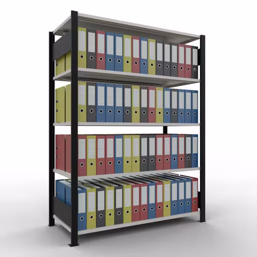 Produktbild Nr 11 des Artikels Grundregal, Büro-Fachbodenregal Stecksystem MULTIplus150, 1800 x 1300 x 600 mm (HxBxT), 5 Fachböden, Längenriegel, ohne Mittelanschlag, schwarz/lichtgrau Abbildung Nr 11 des Artikels Grundregal, Büro-Fachbodenregal Stecksystem MULTIplus150, 1800 x 1300 x 600 mm (HxBxT), 5 Fachböden, Längenriegel, ohne Mittelanschlag, schwarz/lichtgrau aus der Produktgruppe Büroregale von der Marke Schulte Lagertechnik