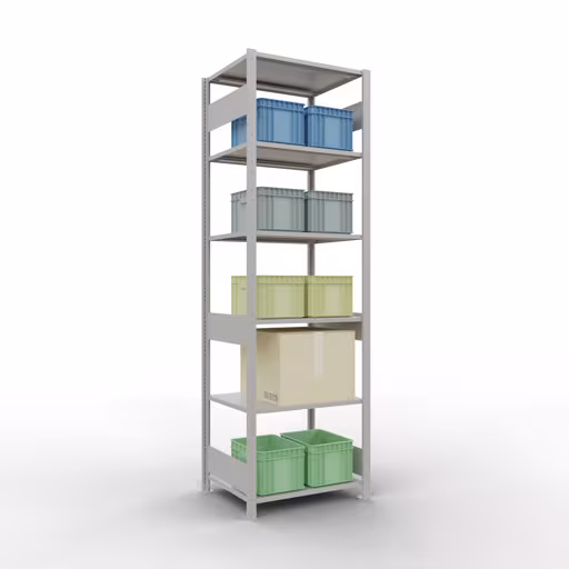 Produktbild Nr.12 des Artikels Grundregal, Fachbodenregal Stecksystem MULTIplus150, 2500 x 750 x 600 mm (HxBxT), 6 Fachböden, Längenriegel, RAL 7035 lichtgrau aus der Produktreihe Stecksystem von der Marke Schulte Lagertechnik