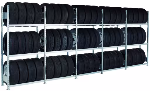 Container-Regalset für 20"-Container, 2000 x 5684 x 400 mm (HxBxT), verzinkt, 8 Felder á 1.150 mm (HxBxT) mit je 3 Reifenebenen aus der Kategorie Autoteilelagerung mit der Artikelnummer 20979