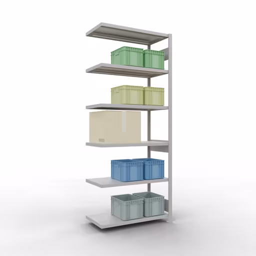 Abbildung Nr 14 des Artikels Anbauregal, Fachbodenregal Stecksystem MULTIplus330, 2500 x 1000 x 500 mm (HxBxT), 6 Fachböden, Längenriegel, RAL 7035 lichtgrau aus der Produktgruppe Stecksystem von der Marke Schulte Lagertechnik