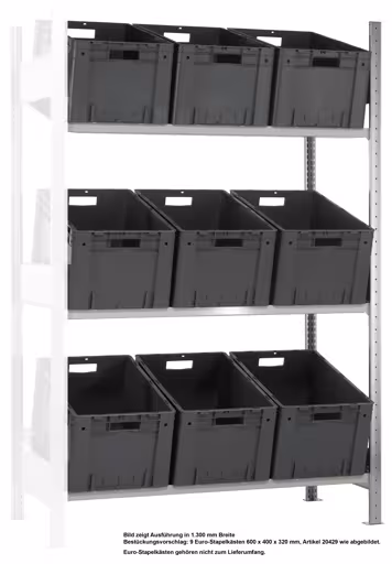 Zusatzbild des Artikels Anbauregal, Schrägbodenregal MULTIplus150, 2000 x 1000 x 600 mm (HxBxT), verzinkt/RAL 7035 lichtgrau, 3 Fachböden Zusatzbild des Artikels Anbauregal, Schrägbodenregal MULTIplus150, 2000 x 1000 x 600 mm (HxBxT), verzinkt/RAL 7035 lichtgrau, 3 Fachböden aus Kanbanregale