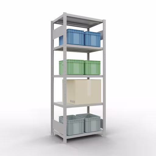 Grundregal, Fachbodenregal Stecksystem MULTIplus250, 2000 x 750 x 500 mm (HxBxT), 5 Fachböden, Längenriegel, RAL 7035 lichtgrau von Schulte Lagertechnik mit der Artikelnr. 32850-75-LR