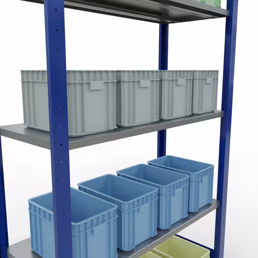 Grundregal, Fachbodenregal Stecksystem MULTIplus150, 2000 x 1000 x 400 mm (HxBxT), 5 Fachböden, Längenriegel, RAL 5010 enzianblau/verzinkt mit der Artikelnr. 12740-LR-B Grundregal, Fachbodenregal Stecksystem MULTIplus150, 2000 x 1000 x 400 mm (HxBxT), 5 Fachböden, Längenriegel, RAL 5010 enzianblau/verzinkt von Schulte Lagertechnik aus der Kategorie Stecksystem