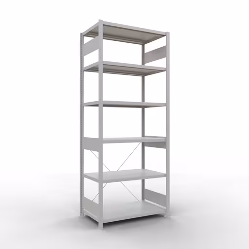 Grundregal, Fachbodenregal Stecksystem MULTIplus250, 2500 x 1000 x 600 mm (HxBxT), 6 Fachböden, Kreuzstrebe, RAL 7035 lichtgrau aus der Kategorie Grundregal mit der Artikelnummer 32861