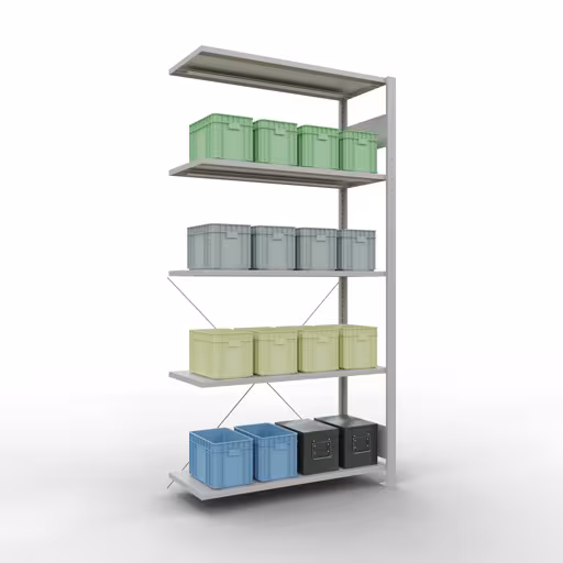 Anbauregal, Fachbodenregal Stecksystem MULTIplus85, 2000 x 1000 x 400 mm (HxBxT), 5 Fachböden, Kreuzstrebe, RAL 7035 lichtgrau von der Marke Schulte Lagertechnik aus der Produktreihe Stecksystem