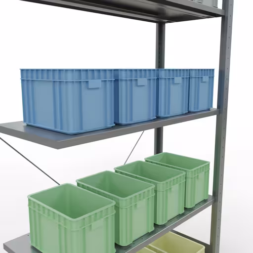 Produktbild Nr.10 des Artikels Anbauregal, Fachbodenregal Stecksystem MULTIplus150, 2000 x 1000 x 400 mm (HxBxT), 5 Fachböden, Kreuzstrebe, verzinkt - Expressline aus der Produktreihe Stecksystem von der Marke Schulte Lagertechnik
