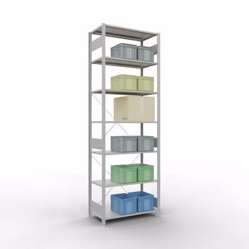 Abbildung Nr 16 des Artikels Grundregal, Fachbodenregal Stecksystem MULTIplus85, 3000 x 1000 x 500 mm (HxBxT), 7 Fachböden, Kreuzstrebe, RAL 7035 lichtgrau aus der Produktgruppe Stecksystem von der Marke Schulte Lagertechnik