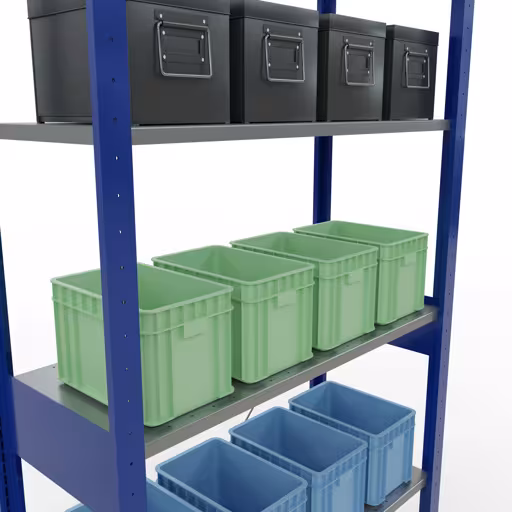 Produktbild Nr.8 des Artikels Grundregal, Fachbodenregal Stecksystem MULTIplus150, 2500 x 1000 x 400 mm (HxBxT), 6 Fachböden, Kreuzstrebe, RAL 5010/verzinkt aus der Produktreihe Stecksystem von der Marke Schulte Lagertechnik