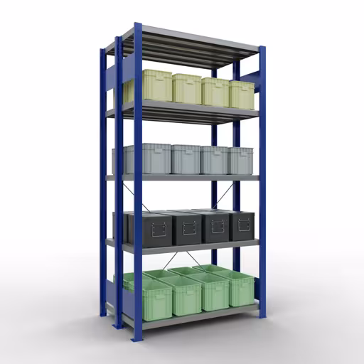 Produktbild Nr 13 des Artikels Grundregal, Doppelregal, Fachbodenregal Stecksystem MULTIplus250, 2000 x 1000 x (2x300) mm (HxBxT), 2x5 Fachböden, Kreuzstrebe, RAL 5010 enzianblau Abbildung Nr 13 des Artikels Grundregal, Doppelregal, Fachbodenregal Stecksystem MULTIplus250, 2000 x 1000 x (2x300) mm (HxBxT), 2x5 Fachböden, Kreuzstrebe, RAL 5010 enzianblau aus der Produktgruppe Fachbodenregale von der Marke Schulte Lagertechnik