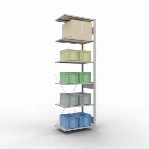 Anbauregal, Fachbodenregal Stecksystem MULTIplus150, 2500 x 750 x 500 mm (HxBxT), 6 Fachböden, Kreuzstrebe, RAL 7035 lichtgrau von der Marke Schulte Lagertechnik aus der Produktreihe Stecksystem