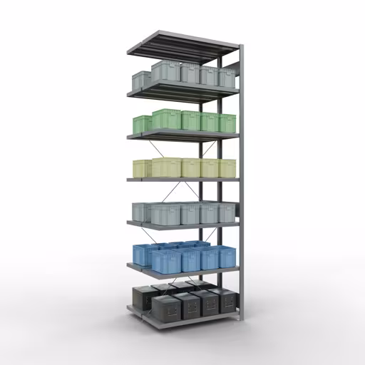 Anbauregal, Doppelregal, Fachbodenregal Stecksystem MULTIplus250, 3000 x 1000 x (2x400) mm (HxBxT), 2x7 Fachböden, Kreuzstrebe, verzinkt von Schulte Lagertechnik aus der Kategorie Fachbodenregale
