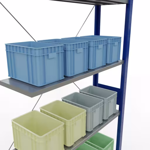 Andere Ansicht des Artikels Anbauregal, Fachbodenregal Stecksystem MULTIplus150, 3000 x 1000 x 300 mm (HxBxT), 7 Fachböden, Kreuzstrebe, RAL 5010/verzinkt aus der Kategorie Stecksystem