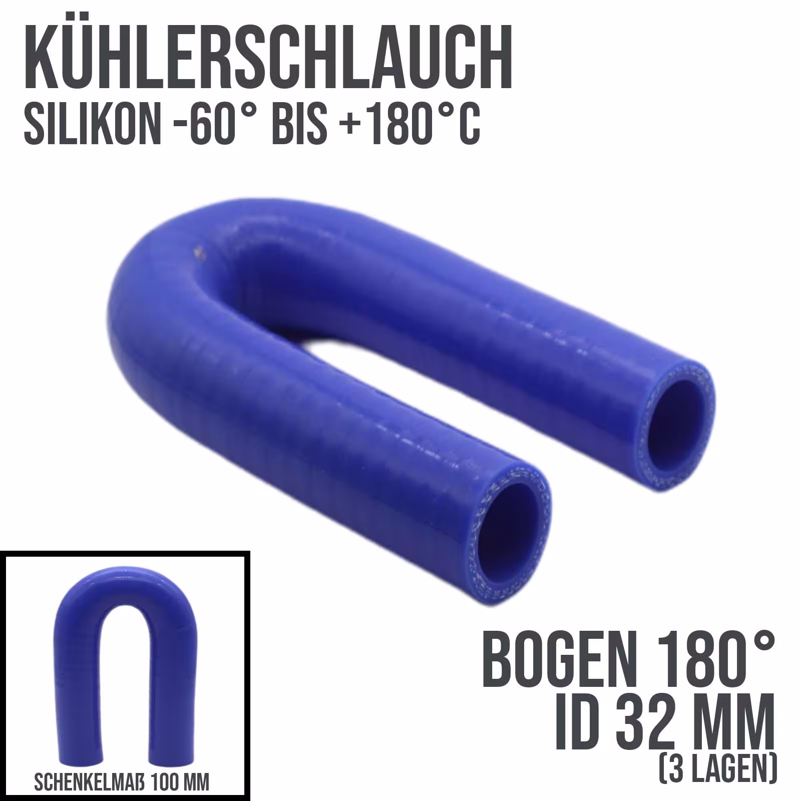 32 x 40 mm Kühlerschlauch LLK Silikon Bogen Krümmer Schlauch 180° Grad blau aus der Kategorie Kühlwasserschläuche mit der Artikelnummer KSB032-180-100GA