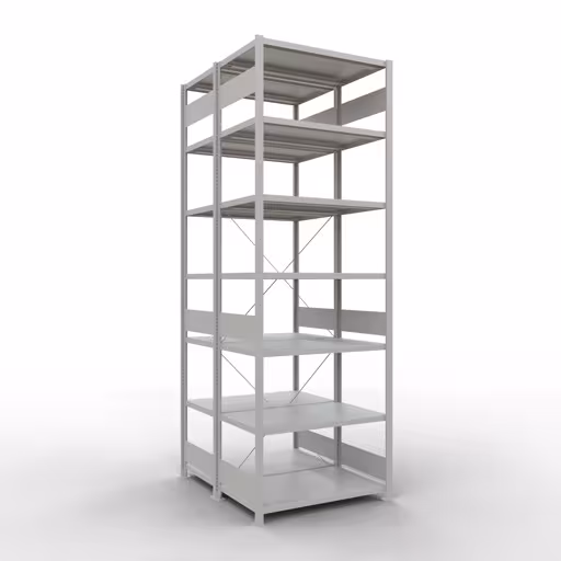 Grundregal, Doppelregal, Fachbodenregal Stecksystem MULTIplus250, 3000 x 1000 x (2x600) mm (HxBxT), 2x7 Fachböden, Kreuzstrebe, RAL 7035 lichtgrau aus der Kategorie Doppelregale mit der Artikelnummer 32162-G