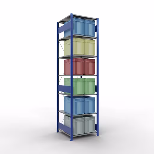 Zusatzbild des Artikels Grundregal, Fachbodenregal Stecksystem MULTIplus150, 3000 x 750 x 800 mm (HxBxT), 7 Fachböden, Kreuzstrebe, RAL 5010 enzianblau/verzinkt/verzinkt aus Grundregal