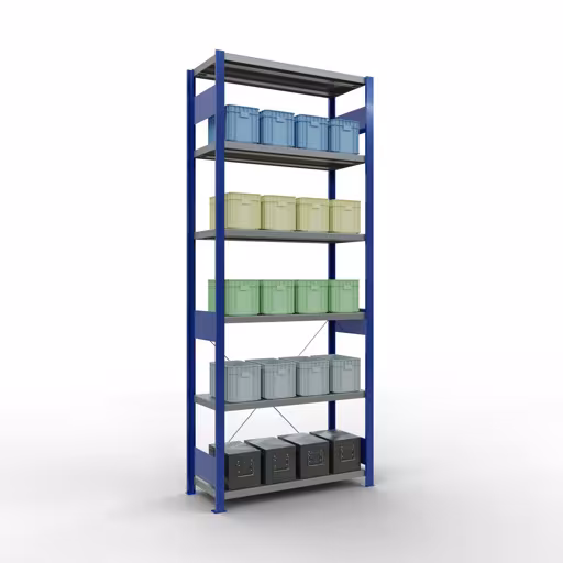 Zusatzbild des Artikels Grundregal, Fachbodenregal Stecksystem MULTIplus250, 2500 x 1000 x 400 mm (HxBxT), 6 Fachböden, Kreuzstrebe, RAL 5010 enzianblau/verzinkt aus Grundregal