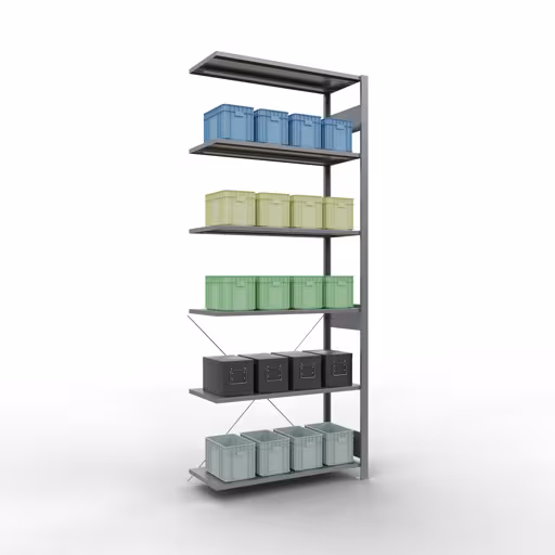 Abbildung Nr 12 des Artikels Anbauregal, Fachbodenregal Stecksystem MULTIplus85, 2500 x 1000 x 400 mm (HxBxT), 6 Fachböden, Kreuzstrebe, verzinkt aus der Produktgruppe Stecksystem von der Marke Schulte Lagertechnik