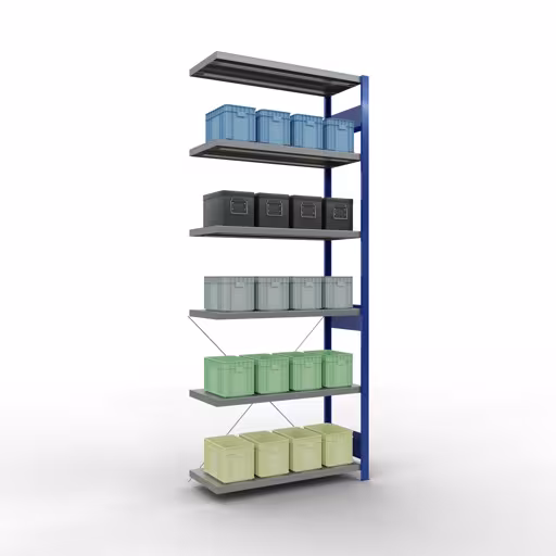 Abbildung Nr 11 des Artikels Anbauregal, Fachbodenregal Stecksystem MULTIplus330, 2500 x 1000 x 400 mm (HxBxT), 6 Fachböden, Kreuzstrebe, RAL 5010 enzianblau/verzinkt aus der Produktgruppe Stecksystem von der Marke Schulte Lagertechnik